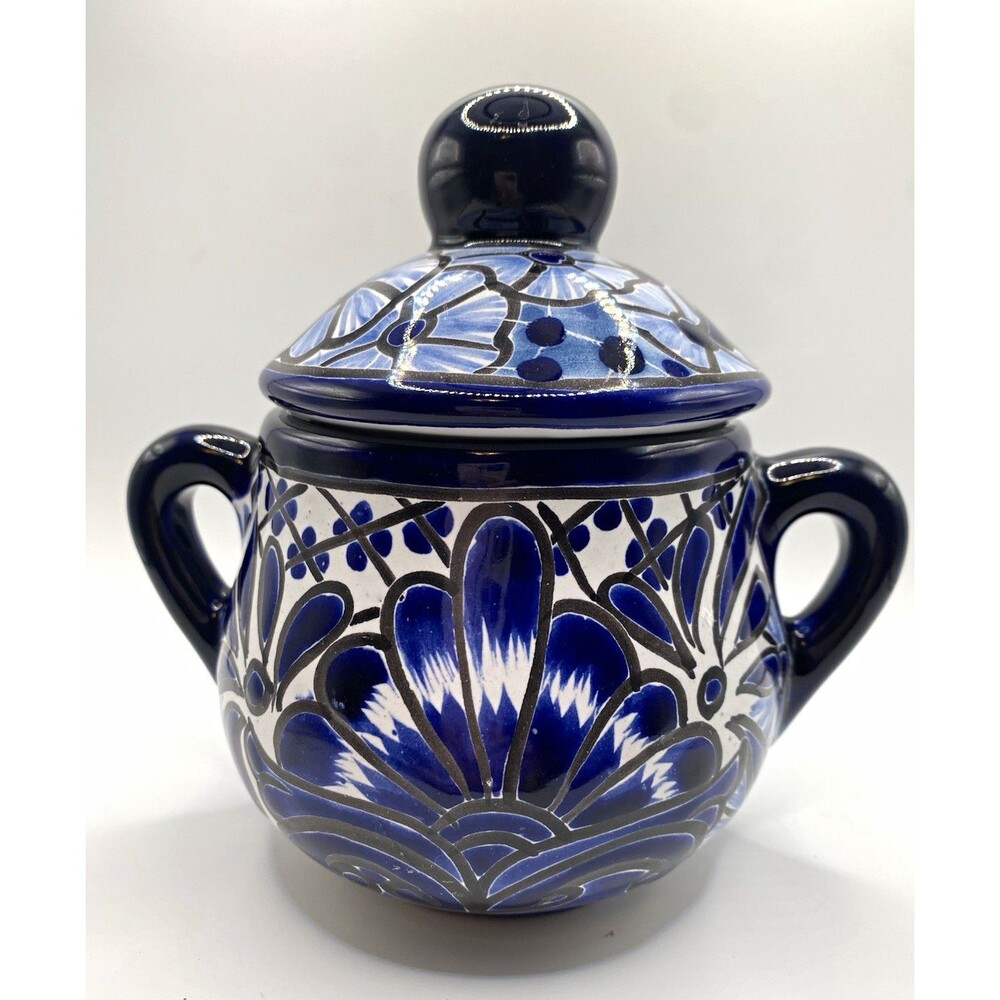 Hand-Painted Mexican Talavera Lidded Sugar Bowl - Cobalt Blue & White
